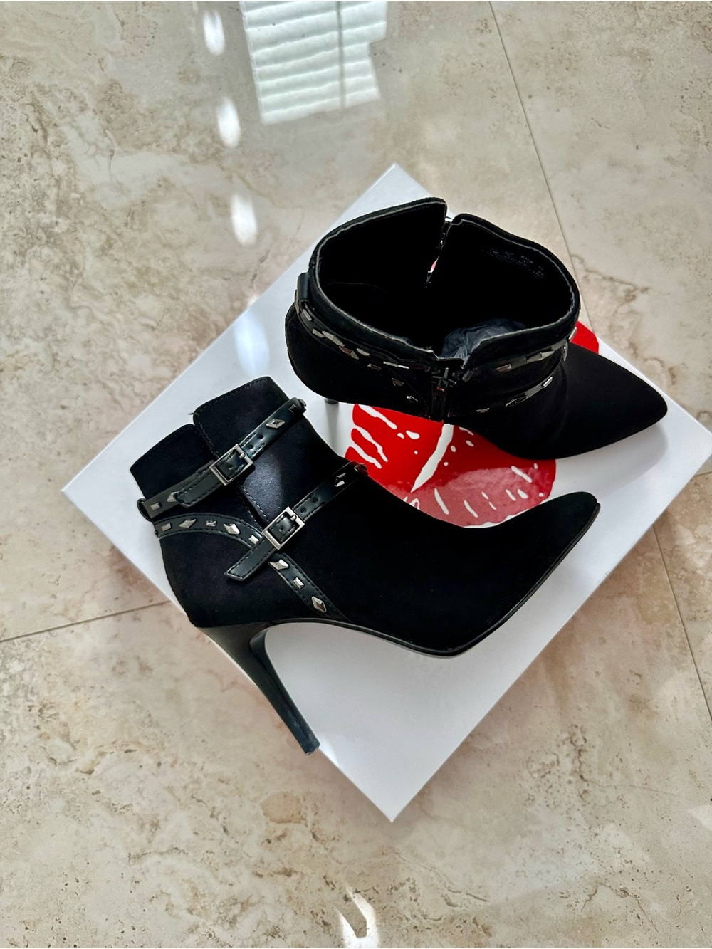 Black Studded Pointed-Toe Ankle Boots - Women's Fashion Heels